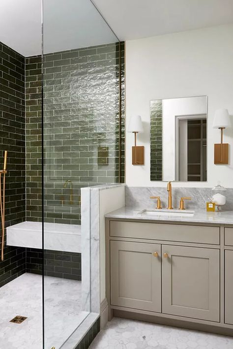 30 Corner Shower Ideas That Are Functional and Stylish Corner Shower Ideas, Bathrooms 2024, Miami Bathroom, Green Tile Bathroom, Southern Design, Corner Shower, Green Tile, Green Bathroom, Patterned Shower Curtain