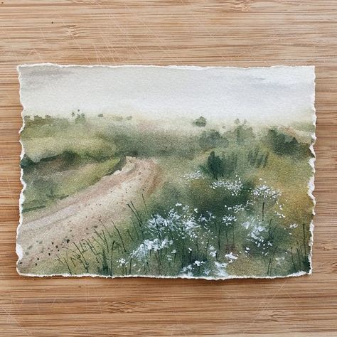 Foggy landscapes, set of 4 watercolor green sketches on pape - Inspire Uplift Watercolor Meadow Landscape, Plain Air Watercolor, Cottage Core Watercolor Paintings, Easy Landscape Watercolor, Watercolor Art Love, Cottage Core Watercolor, Watercolor Art Green, Simple Watercolor Landscape, Landscape Watercolor Paintings