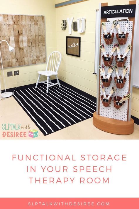 Using functional decor in your speech therapy room to organize your materials Cute Speech Therapy Rooms, Therapy Room Design, Speech Classroom Decor, Speech Therapy Room, Play Therapy Techniques, School Speech Therapy, Articulation Therapy, Articulation Activities, Speech Path