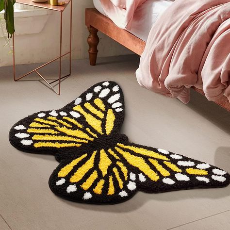 Butterfly Kitchen Decor Ideas, Butterfly Bathroom Ideas, Rugs For Girls Bedroom, Bee Bedroom, Butterfly Bathroom, Butterfly Bedroom, Butterfly Rug, Black Bath Mat, Bath Makeover