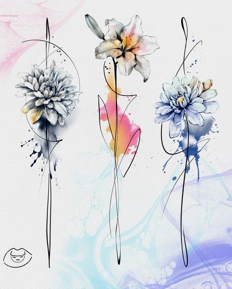 #tattoosforwomen #tattoo #tattooideasfemale #tattooidea #tattoosketches #flowers #flowertattoos Open Flower Tattoo, Watercolor Tattoo For Women Unique, Abstract Line Art Flower, Watercolor Flower Tattoo, Watercolor Poppy Tattoo, Linear Tattoo, Geometric Watercolor Tattoo, Watercolour Tattoos, Tiny Flower Tattoos