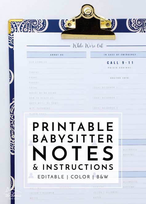 Printable Babysitter Notes & Instructions Babysitter Information Sheet Free, Babysitter Printable, Babysitter Notes, Printable Organization, Parent Hacks, Organizing Printables, Summer Boredom Busters, Password Printable, Home Binder