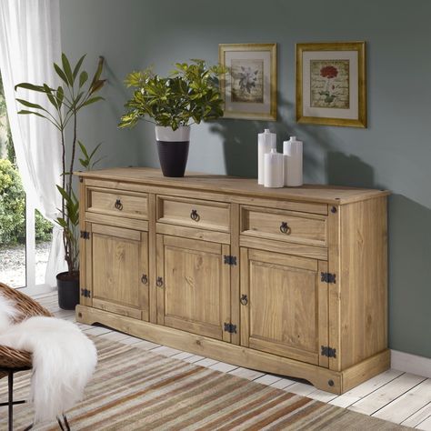 Make a statement in your home with our Cottage Series solid pine buffet sideboard. Three spacious drawers and three large storage areas behind the doors allows you lots of storage. Wide Sideboard, Casa Country, Wood Buffet, Buffet Sideboard, Solid Wood Sideboard, Buffet Cabinet, Kitchen Cabinet Storage, Wood Countertops, Wood Sideboard