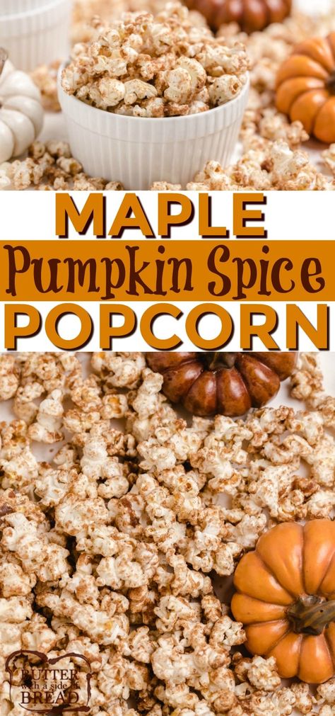 Maple Pumpkin Spice Popcorn is a little bit like caramel popcorn, but full of fall flavors. Made with brown sugar, maple syrup, pumpkin pie spice and butter - only 4 ingredients needed to make absolutely delicious popcorn! Pumpkin Popcorn Balls, Popcorn Recipes Sweet, Sugar Popcorn, Spiced Popcorn, Healthy Popcorn, Sweet Popcorn, Bake Sale Recipes, Maple Pumpkin, Popcorn Snacks