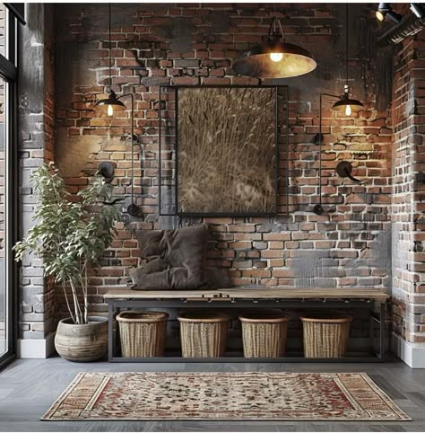 Entrance Furniture Ideas, Sleek Console, Industrial Ideas, Brick Backsplash Kitchen, Entrance Furniture, Industrial Chic Design, Brick Interior Wall, Brick Interior, Industrial Entryway