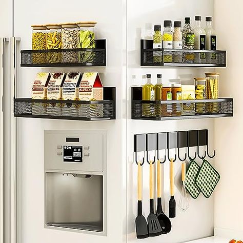 Hihotiner Magnetic Spice Rack for Refrigerator, 5 Pack Magnetic Shelf, Moveable Fridge Magnet Organizer, Magnetic Fridge Shelf with 8-Hook Rack, Kitchen Organization and Storage, Metal&Black Fridge Shelf, Magnetic Shelf, Magnetic Spice Rack, Silicone Tongs, Fridge Shelves, Magnetic Spice, Sleek Storage, Model Ideas, Rack Kitchen