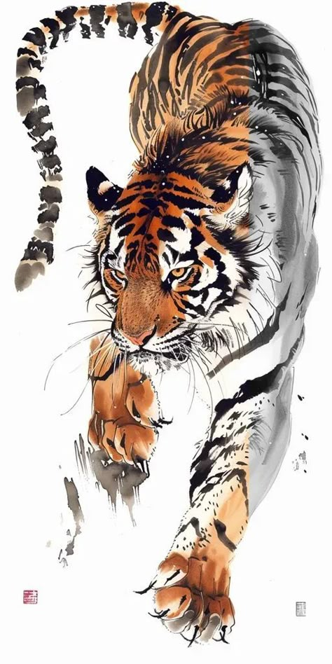 Full Color Image in ai-img-gen.com 🔸 Takehiko Inoue style, india-ink painting, wild tiger, side view shot, full body,high quality,white b... 🔸 From Midjourney AI Image Dynamic Tiger Poses, Tiger Side View, White Tiger Art, Tiger Profile, White Tiger Tattoo, Tiger Tattoos, Tiger Spirit, Takehiko Inoue, Japanese Tiger