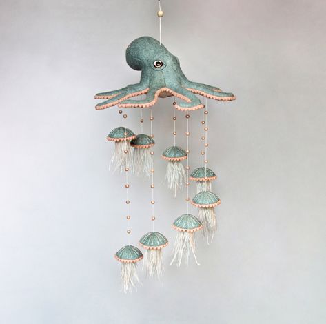 Baby Mobile With Octopus and Jellyfish Ocean Mobile Baby Nursery Mobile Neutral Crib Mobile Sea Hanging Mobile Nautical Cot Mobile - Etsy Octopus Nursery Theme, Under The Sea Nursery Rug, Octopus Baby Shower Ideas, Pirates Nursery, Nautical Nursery Ideas, Sea Theme Nursery, Jellyfish Mobile, Ocean Theme Nursery, Ocean Mobile