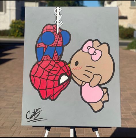 Spider Man And Hello Kitty Painting, Spiderman Couple Painting, Cute Doodles On Canvas, Cute Art To Do With Boyfriend, Painting For Two People, Hello Kitty Spiderman Painting, Hello Kitty Easy Painting, Hello Kitty Couple Painting, Love Cartoon Painting