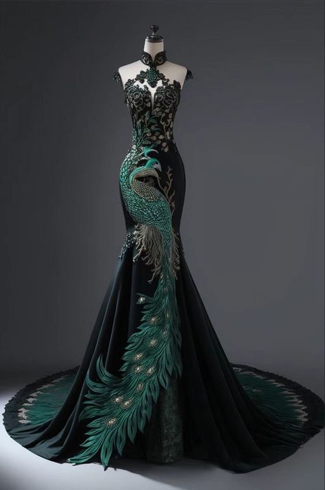 Peacock Ball Gown, Yule Ball Dress Ideas Slytherin, Black And Green Wedding Dresses, Green Gown Aesthetic, Peacock Dress Design, Green And Black Gown, Peacock Wedding Dress, Night In Paris Dress, Regal Dress