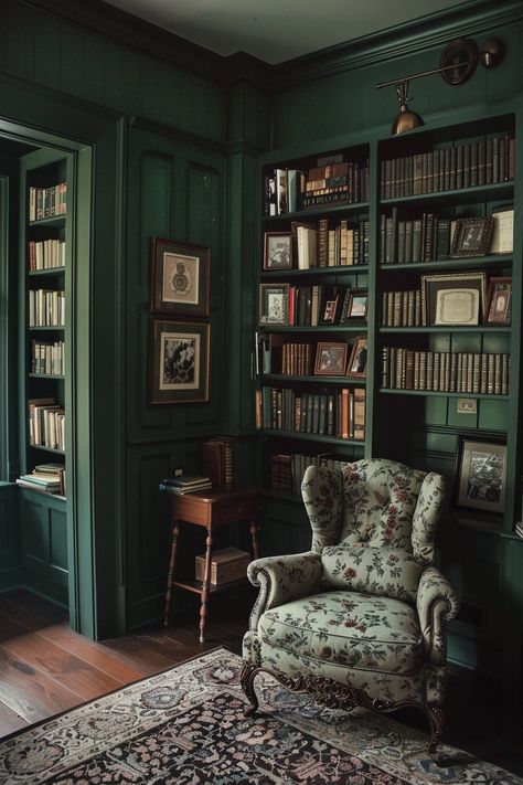 Immersive Interiors: Exploring the Magic of AI-Generated Design — Living Bright Interiors Library Wall Design, Green Room Aesthetic, Luxurious Library, Modern Colonial Interior Design, Moody Library, Library Interior Design, Green Bookshelves, Simple Cabin, Green Library