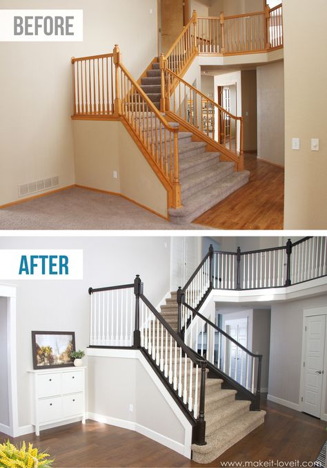 DIY: How to Stain and Paint an OAK Banister, Spindles, and Newel Posts (the shortcut method...no sanding needed!) |via Make It and Love It Paint Stained Wood, Oak Banister, Wood Railings For Stairs, Diy Stair Railing, Stairs Renovation, Stairs Makeover, Staircase Remodel, Staircase Makeover, Diy Stairs