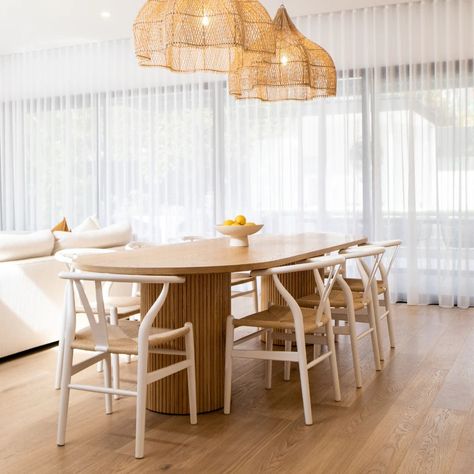 Wishbone Chair Dining Room, Void Lighting, Wishbone Chair Dining, Ibiza Vibes, Hamptons Dining, Kitchen Colours, Unique Homewares, House Dining Room, Neutral Colours