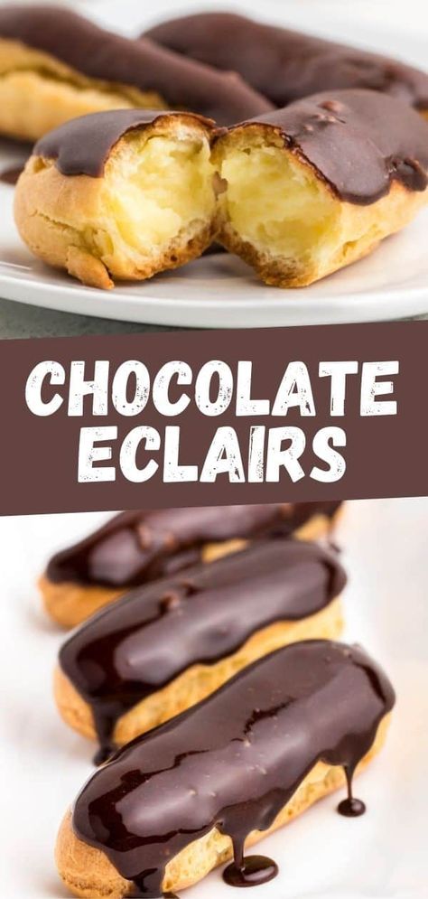 Easy Eclairs, Chocolate Eclair Recipe, Eclairs Dessert, Chocolate Eclairs, Eclair Recipe, Italian Pastries, Chocolate Eclair, Dessert For Two, Butter Shrimp