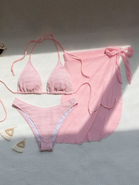 Pink Cute Collar   Plain  Embellished Slight Stretch  Women Clothing Backless Skirt, Bathing Suit Outfits, Backless Bathing Suits, Swimsuit Skirt, Pink Bathing Suits, Swimsuit Women, Beach Skirt, Beach Swimwear, Beach Wear Dresses