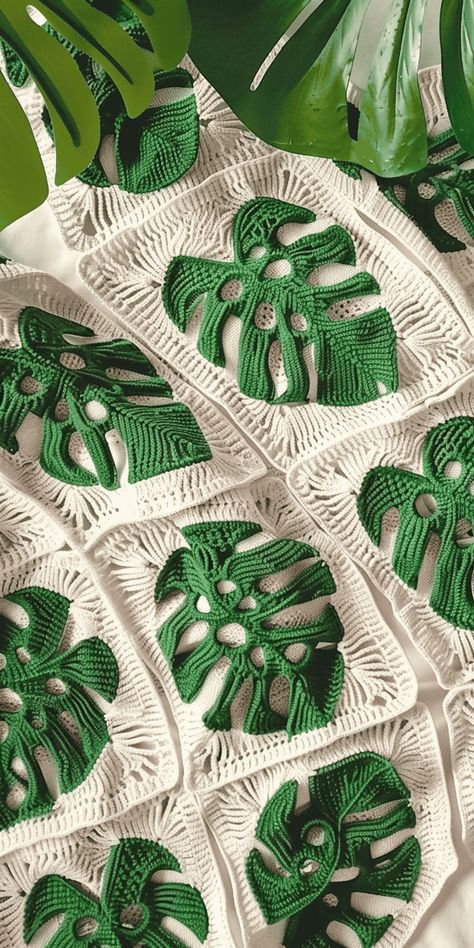 Beautiful Monstera Granny Square Crochet DIY Monstera Crochet Granny Square, Monstera Blanket Crochet, Best Granny Square Patterns, Crochet Monstera Leaf Blanket, Plant Blanket Crochet, Crochet Hosta Pattern, Picture Crochet Patterns, African Violet Crochet Animals, Crochet Blanket With Granny Squares