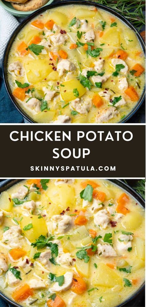 Chicken Potato Soup – Skinny Spatula Cheesy Chicken And Potato Soup, Crockpot Potato Soup With Chicken, Chicken Vegetable Potato Soup, Chicken Potato Spinach Recipes, Clean Chicken Soup Recipes, Chicken Soup With Half And Half, Boneless Chicken Thigh Soup Recipe, Chicken Noodle Soup Potato, Chicken Potato Rice Soup