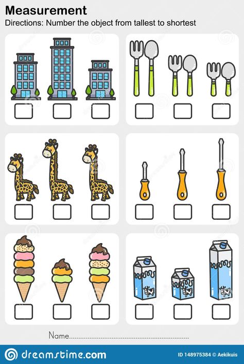 Shortest To Tallest Worksheet, Preschool Measurement, Worksheet Number, Kindergarten Math Worksheets Free, Measurement Worksheets, First Grade Math Worksheets, Measurement Activities, Kids Worksheets Preschool, Worksheets Kindergarten