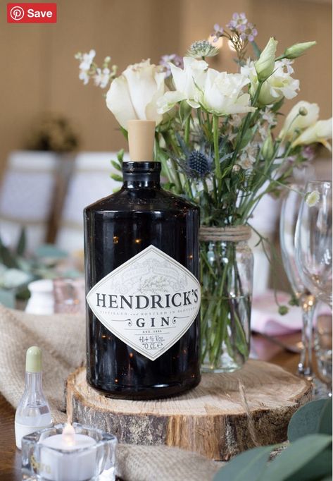 Gin Bottle Wedding Centre Piece, Gin Bottle Centrepiece, Wedding Centre Piece Ideas, Gin Wedding, Bourbon Wedding, Claire Williams, Mermaid Hotel, Vintage Wedding Colors, Centrepiece Ideas