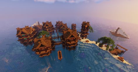 Minecraft Ocean Village (/u/Wulphram) Minecraft Farm Ideas On Water, Minecraft Town On Water, Minecraft Japanese House On Water, Under Water Minecraft Base, Village On Water Minecraft, Minecraft Sea Kingdom, Minecraft City On Water, Floating Village Minecraft, Minecraft Ocean House Ideas