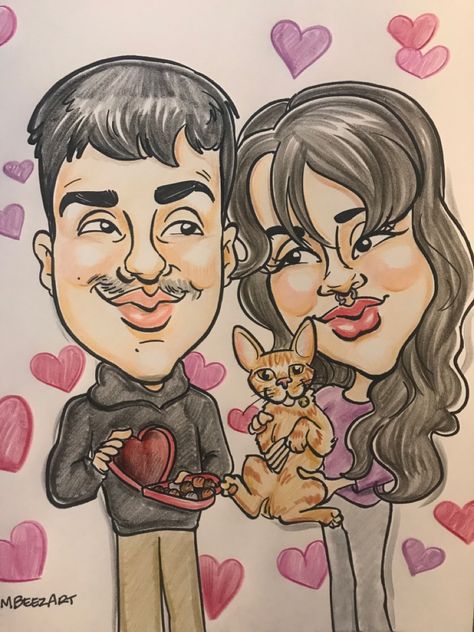 A hand drawn custom caricature. Available to purchase from Etsy. Caricature Drawing Couple, Couple Caricature Ideas, Caricature Drawing Wedding Couple, Save The Date Caricature Ideas, Caricature Practice, Valentines Day Theme, Gift Pictures, Caricature Gifts, Art Mediums