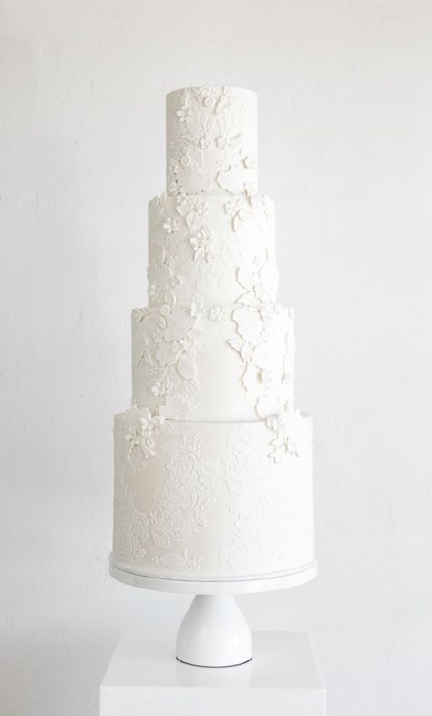 Bas Relief Cake, Classy Wedding Cakes, 4 Tier Wedding Cake, Wedding Cake Pearls, Small Wedding Cakes, Beautiful Cake Designs, White Wedding Theme, Lace Wedding Cake, Wedding Cakes Blue