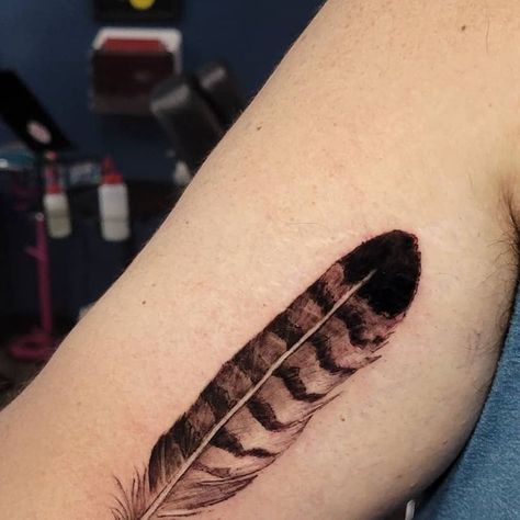 Redtail Hawk Feather Tattoo, Red Tailed Hawk Feather Tattoo, Feather Tattoo On Arm, Yallternative Tattoo, Pheasant Feather Tattoo, Turkey Feather Tattoo, Hawk Feather Tattoo, Hawk Tattoo Design, Owl Feather Tattoos