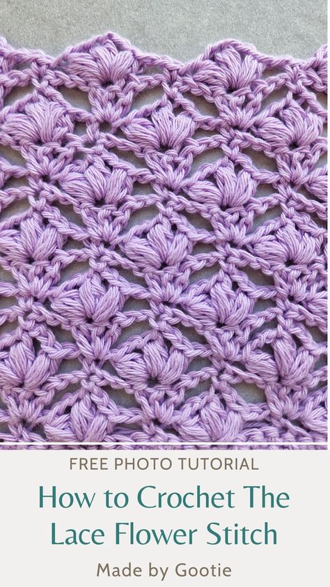 Learn how to crochet the Lace Flower Stitch with this free photo tutorial free pattern. This lace crochet stitch is easy with a beautiful flower motif. #laceflowerstitch #crochetlacystitches #laceflowercrochetstitch #flowerlacecrochetstitch #crochetlacestitches #crochetflorallace Crochet Stitches Flower, How To Read Crochet Patterns, Pretty Crochet Stitches, Crochet Lace Flower, Crochet Lace Scarf Pattern, Modern Haken, Flower Stitch, Fall Crochet Patterns, Shrug Pattern