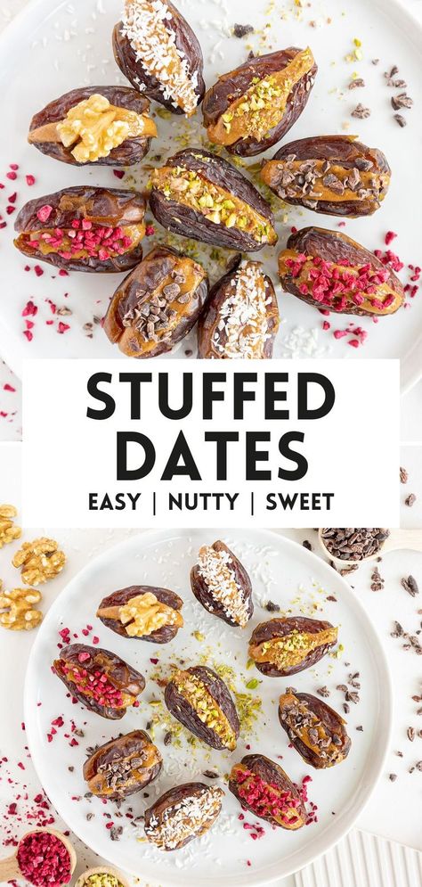 stuffed dates Date Nut Recipes, How Many Dates Should You Eat A Day, Simple Date Recipes, Desserts With Dates As Sweetener, Date Butter Recipe, Vegan Dates Recipes, Medjool Date Recipe, Roasted Stuffed Dates, Pb Stuffed Dates