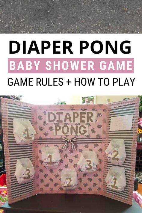 diaper pong game rules and board Fun Games To Play At Gender Reveal, Pacifier Pong Game, Nappy Pong Game, This Or That Baby Shower Game, Pop The Belly Game, Diaper Message Baby Shower Game, Diaper Pong Rules Printable Diy, Diaper Pong Board Ideas, Baby Shower Olympics Games