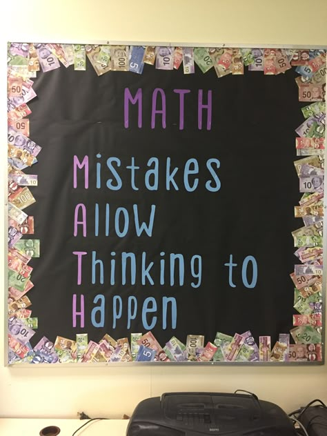 Math bulletin board Math Interventionist, Math Bulletin Boards, High School Math Classroom, Math Classroom Decorations, Middle School Math Classroom, Classroom Layout, Math Intervention, Fourth Grade Math, Spring Decoration