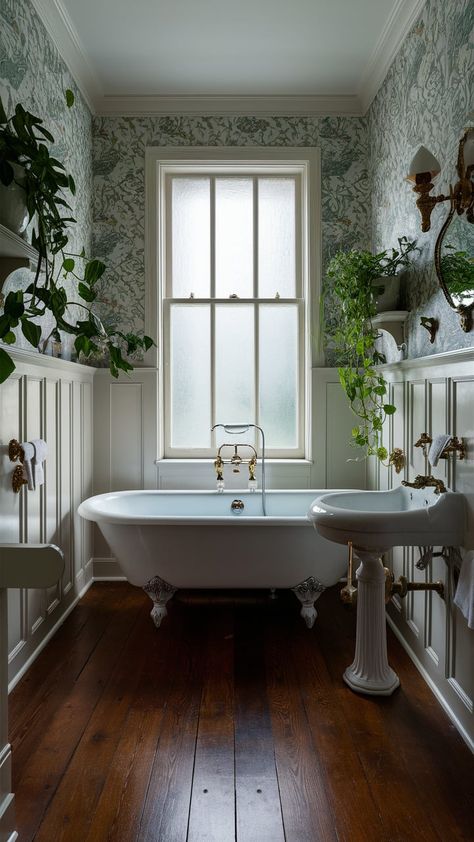 Discover tranquility in this elegant bathroom featuring a vintage clawfoot tub, floral wallpaper, and lush greenery. Perfect for relaxation and rejuvenation. #BathroomDesign #HomeDecor #VintageStyle Tiny Bathroom Clawfoot Tub, Bathroom Remodel Clawfoot Tub, Small Bathroom Clawfoot Tub, Clawfoot Tub Bathroom Farmhouse Style, Clawfoot Tub Bathroom Vintage, Clawfoot Tub Shower Combo, Bathroom Clawfoot Tub, Bathroom With Clawfoot Tub, Clawfoot Tub Bathroom