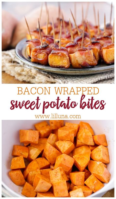 Tender Bacon Wrapped Sweet Potato Bites are packed with sweet and savory flavor with just a hint of spice! #appetizer #bacon #sweetpotatoes Sweet Potato Appetizers, Friendsgiving Appetizers, Sweet Potato Wrap, Sweet Potato Bites, Sweet Potato Bacon, Raw Sweet Potato, Potato Appetizers, Sweet Potatoe Bites, Fall Appetizers