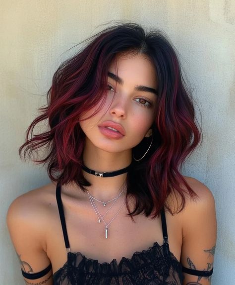 Top 51 Dark Copper Hair Colors to Rock This Fall - AskNaij Fall Hair Colors Dark Roots, Dark Hair Red Underneath, Ombre Brown To Red Hair, Black To Cherry Red Hair, Dark Brown And Red Hair Underneath, Dark Root Hair Colours, Halloween Hair Color Ideas Short Hair, Red Gradient Hair, Red Balayage On Black Hair