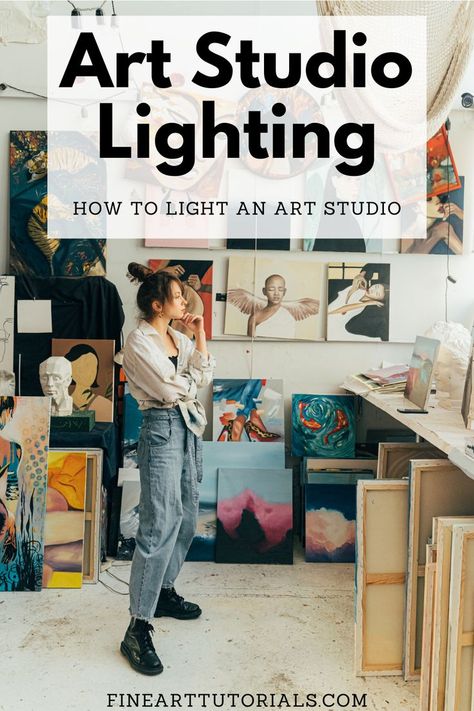 How to light an art studio: the best studio lights for pencil drawing, painting at an easel, filming and photographing arts for print. Discover how to set the lights up for optimum illumination. #artstudiosupplies #artstudiolighting #studiolighting #artstudio #artstudioideas #howtolightanartstudio #lightingforart Art And Pottery Studio, Lights For Craft Room, Small Garage Art Studio, Artist Studio Small Space, Creative Art Studio Work Spaces, Art Studio Office Ideas, Art Room Lighting, Setting Up An Art Studio At Home, Lighting For Craft Room