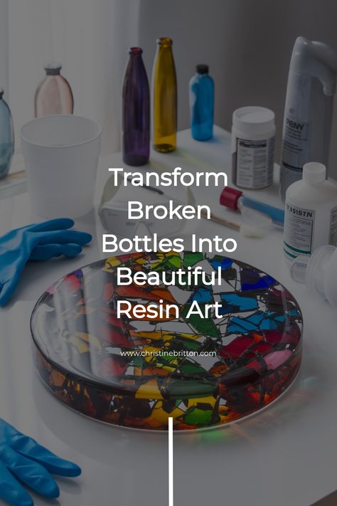 Colorful resin art piece made from broken glass bottles surrounded by art supplies. Resin Rock Art, Resin Bottle Caps, Advanced Crafts Projects, Resin Arts And Crafts, Spring Resin Ideas, Resin Bottle Art, Easy Resin Ideas, New Resin Ideas, Unique Resin Art