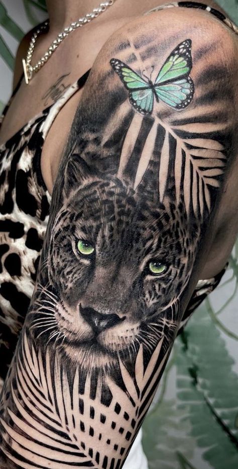 Animal Themed Tattoo Sleeve, Feminine Jaguar Tattoo, Leopard Sleeve Tattoo Women, Jaguar Sleeve Tattoo, Black Jaguar Tattoo For Women, Jungle Animals Tattoo, Jungle Tattoo Ideas For Women, Jungle Sleeve Tattoo Women, Leopard Tattoo For Women