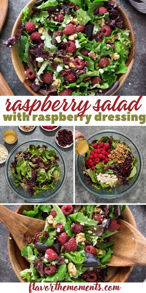 Raspberry Salad Recipe Peach Raspberry Salad, Salad Recipes With Raspberry Vinaigrette, Raspberry Dressing Salad, Raspberry Vinaigrette Salad Recipes, Raspberry Walnut Salad, Recipes Using Raspberries, Fresh Raspberries Recipes, Rasberry Salad, Stawberry Salad