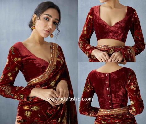 Velvet Blouse Designs Latest, Velvet Blouse Designs, Organza Saree Blouse, Velvet Blouse Design, Velvet Saree, Long Blouse Designs, Saree Blouses Online, Blouses Designs, New Saree Blouse Designs