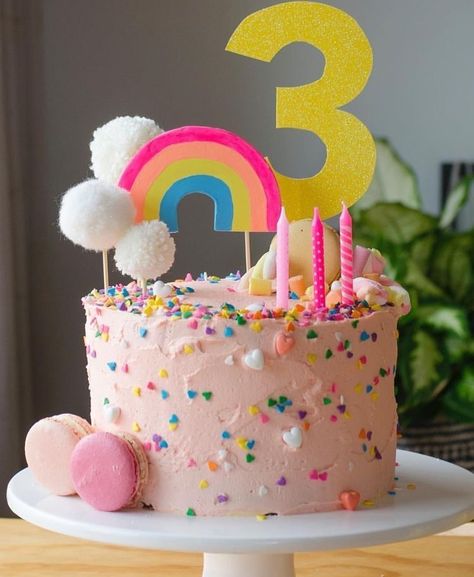 Strawberry And Sprinkles Cake, Pom Pom Birthday Cake, Pink Toddler Birthday Cake, Donut Stack Birthday Cake, Rainbow Toddler Birthday Party, Birthday Cake 3 Yrs Old, Rainbow Decorated Cake, Pink Cake With Sprinkles, Rainbow 4th Birthday Party