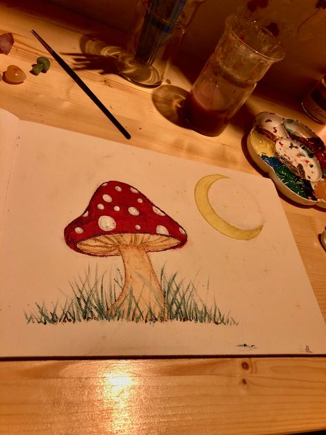 Mushroom Drawing Landscape, Painting Of A Mushroom, Frog Cute Painting, Easy Paintings Mushrooms, Simple Mushroom Painting Ideas, Colorful Mushroom Drawing, Mushrooms Aesthetic Drawing, Aesthetic Drawing Ideas Colourful, Mashrooms Drawing Aesthetic