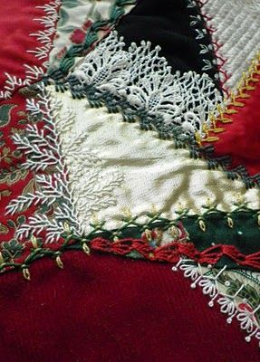 Crazy Quilt Christmas Ornaments, Beaded Quilts, Victorian Patchwork, Crazy Quilt Christmas Tree Skirt, Crazy Quilt Embroidery Stitches, Christmas Crazy Quilt, Crazy Quilt Christmas Stocking Pattern, Crazy Quilt Stitches Embellishments, Embroidery Embellishments