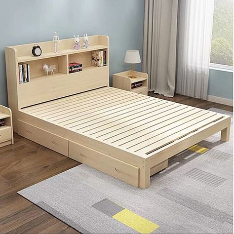 Bed Frame Upholstered, Bed Designs With Storage, Solid Wood Bookcase, Simple Bed Designs, Simple Bed Frame, Headboard Shapes, Solid Wood Bed Frame, Wood Bed Design, Desain Pantry