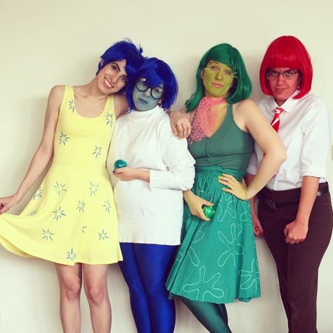 Costumes For 4 People, Inside Out Outfit Ideas, 4 People Halloween Costumes, 4 Person Halloween Costumes, Disney Costume Ideas, Purim Costume, Purim Ideas, Inside Out Costume, Holiday Boards