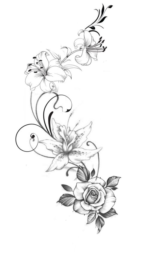 Vined Flowers Tattoo, Flower And Vine Tattoo For Women, Tattoo Ideas Vine Flowers, Leg Tattoos Flowers And Vines, Floral Tattoo Designs For Women Shoulder, Womans Ribs Tattoo, Lily Vine Tattoo Design, Flower Tattoos With Vines, Flower On Vine Tattoo