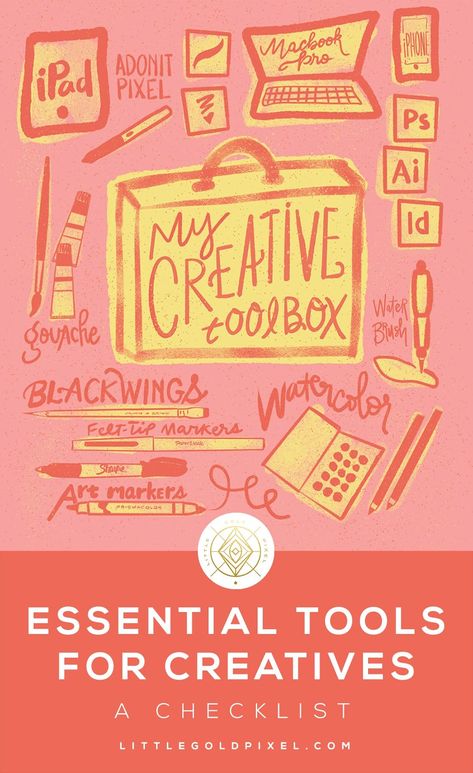 Essential Tools for Creatives • Little Gold Pixel In which I empty my creative toolbox and share my essential tools for creatives and graphic designers — including tech, apps and analogue creative tools. #design #graphicdesign #creativetools #creative #creativity #designtools #essentialtoolsforcreatives #creatives Graphic Design Essentials, Gifts For Graphic Designers, Watercolor Tools, Illustration Career, Tech Apps, Diy Calligraphy, Tools Design, Advanced Typography, Contemporary Fonts