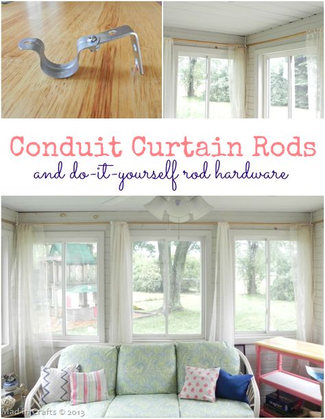 PVC-Pipe-Curtain-Rods-and-DIY-Rod-Ha-25255B1-25255D Pipe Curtain Rods, Long Curtain Rods, Pvc Conduit, Diy Curtain Rods, Diy Curtain, Restoration Hardware Inspired, Pvc Pipe Projects, Curtain Rod Hardware, Pvc Projects