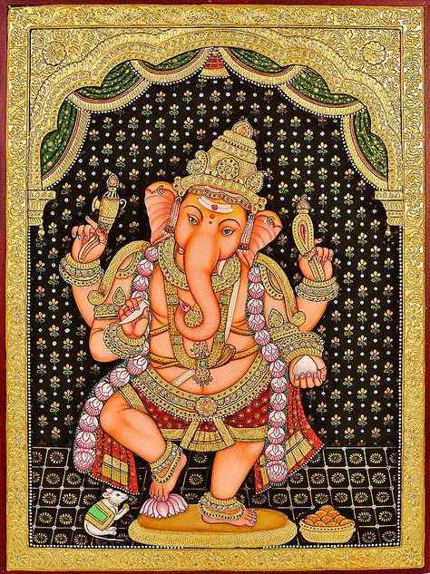 गणपती बाप्पा, Tanjore Art, Dancing Pose, Mysore Painting, Dancing Ganesha, Ganesha Drawing, Tanjore Paintings, Kerala Mural Painting, Pichwai Paintings