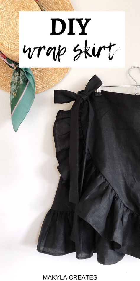 Black linen wrap skirt with curved hem frill and tie up waistband hanging on the wall next to a straw hat. Skirt Sowing Pattern, Sewing Patterns Beginner Easy Projects, Sewing Skirt Ideas, Short Wrap Skirt Pattern, Linen Skirt Pattern Free, Sewing A Skirt For Beginners, Easy Wrap Skirt Pattern, Skirt Sewing Ideas, Easy Skirt Sewing Pattern