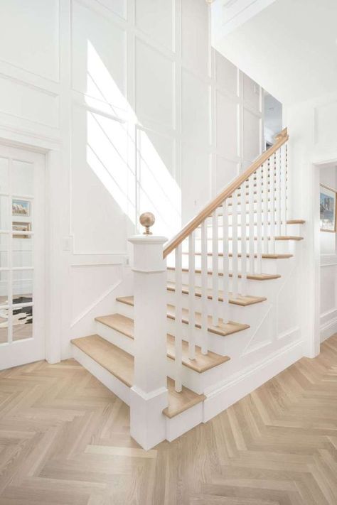 Nov 27, 2019 - I have struggled with our foyer entrance since we moved into our home three years ago. The space is enormous and very grand with a ton of potential. But my budget for the space is not very grand so I need to figure out how to get the most bang for my buck. We have… Continue reading → English Farmhouse, Foyer Entrance, Stair Design, Herringbone Wood Floor, Herringbone Wood, White Oak Hardwood Floors, Stairs Design Modern, Herringbone Floor, White Paint Colors